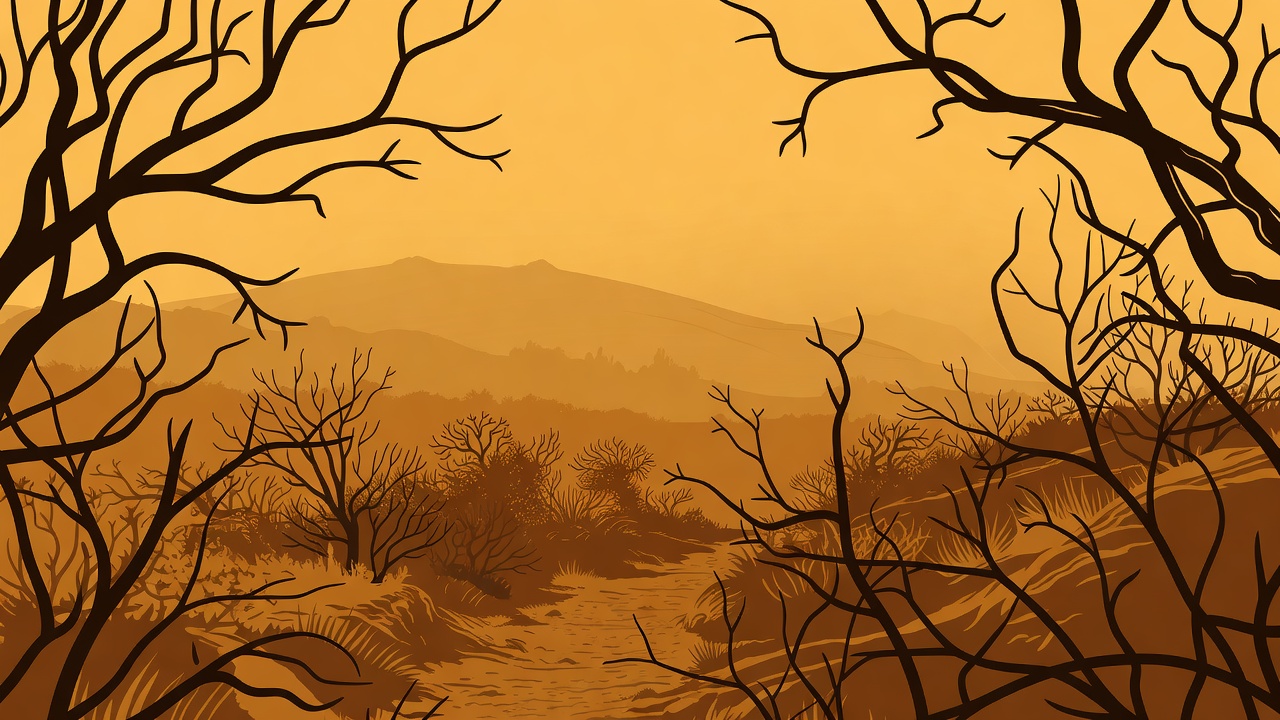 Flat amber composition diagram showing a distant ridge framed by foreground branches without leaving a marked path