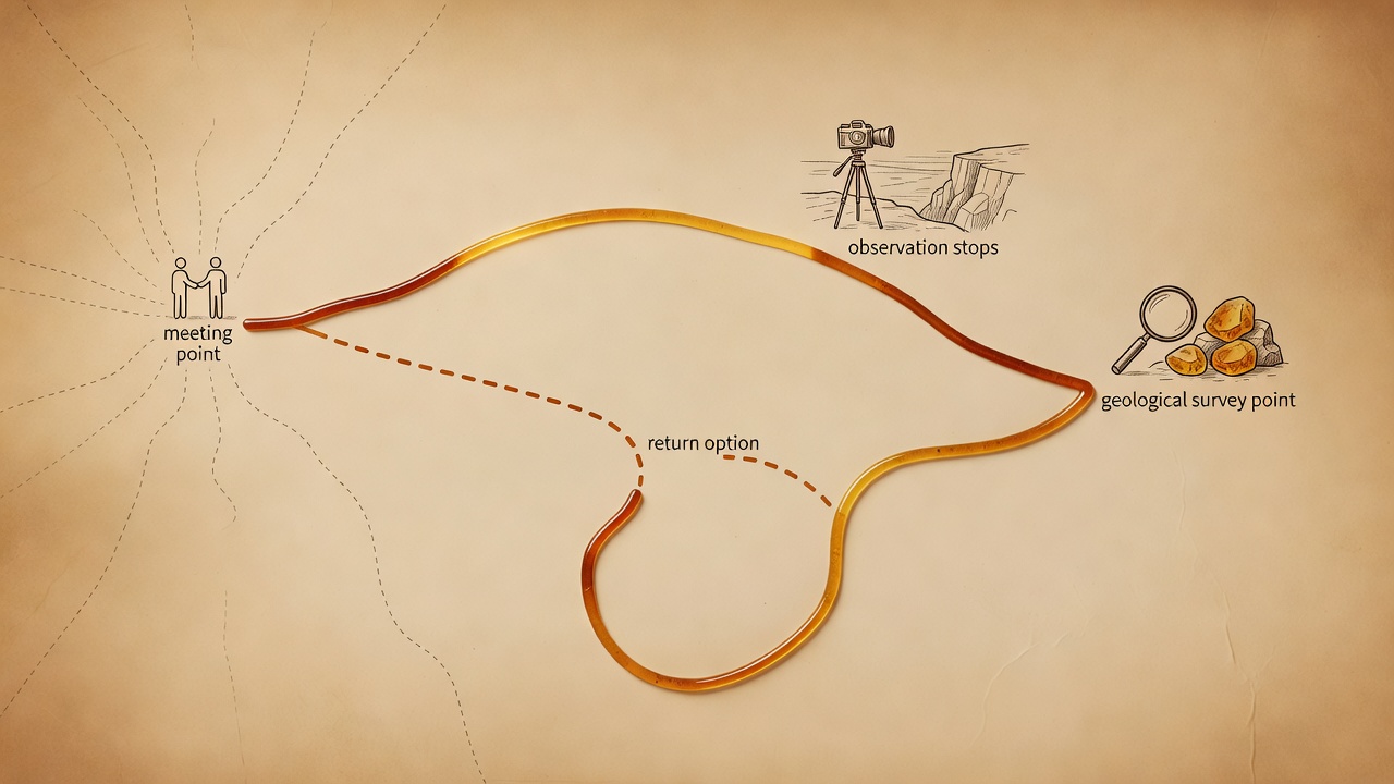 Schematic amber route connecting a meeting point, two observation stops and a shorter return option