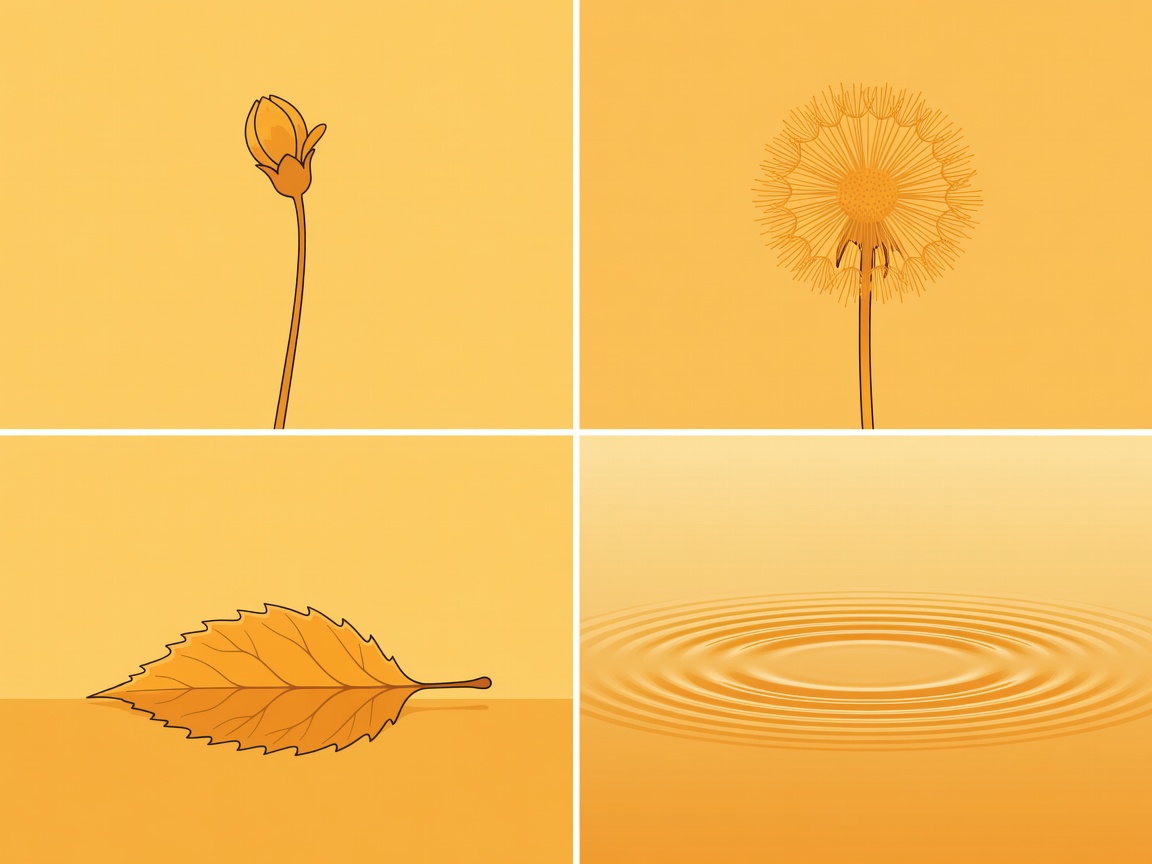 Amber vector panels showing a new bud, a seed head, a leaf on the ground and water rings as open-ended seasonal clues